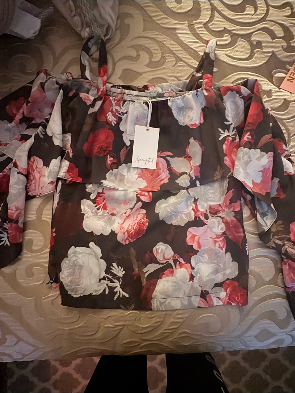 Off-Shoulder Floral Blouse in Black with Pink & White Roses